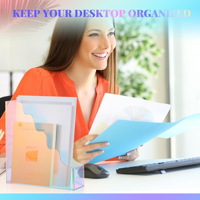 Engrowtic 2 Pcs Iridescent Acrylic Magazine File Holders, Water Ripples Vertical File Organizer, Colorful Acrylic Folder Organizers for Desk Office Classroom Decor Document Storage Back to School - Image 2