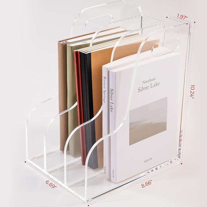 3 Vertical Compartments File Holder, Clear Acrylic Desk Organizer and Storage Bins Holding for Magazines, Binders, Notebooks, Envelopes, Multi-purpose Document Organizer for Home Office - Image 2