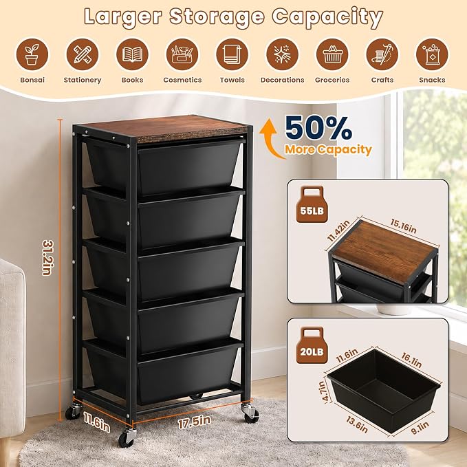 Rolling Cart with 5 Drawers, Plastic Drawer Storage Carts with Wheels & Wooden Tabletop, Metal Utility Cart for Office Bedroom Living Room Classroom, Craft Organization and Storage, Black - Image 3