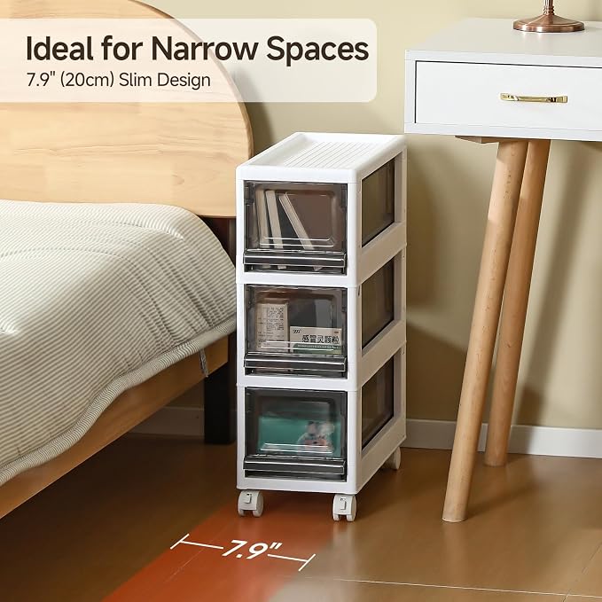 Plastic 3 Drawer Storage Organizer, Narrow Plastic Storage Drawers with Wheels, Storage Cart with Drawers for Small and Narrow Space, 7.87-inch Wide (gray) - Image 3
