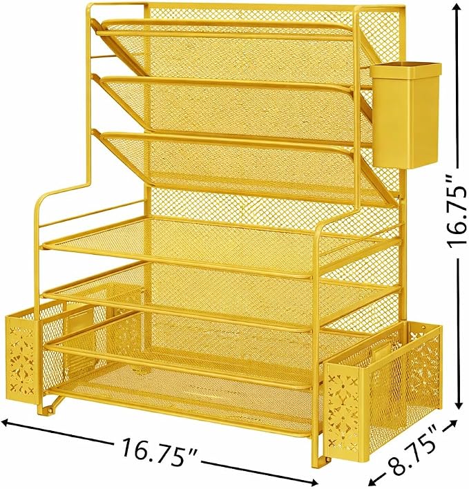 Simple Trending 7 Tier Desk File Organizer, Letter Tray Paper Organizer with Pen Holder and Metal Hanging Basket, Gold - Image 3