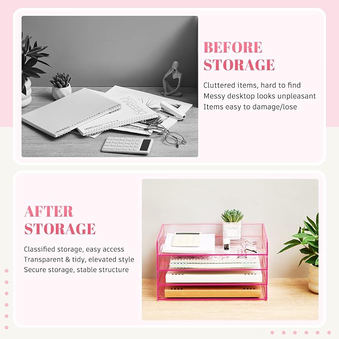 Harloon 4 Tier Clear Hot Pink Acrylic Paper Organizer Letter Tray, Aesthetic Stackable Low Profile Desk File Organizer Modern Heavy Duty Paper Holder Tray for A4, Office Home File Pad Books Notes - Image 5