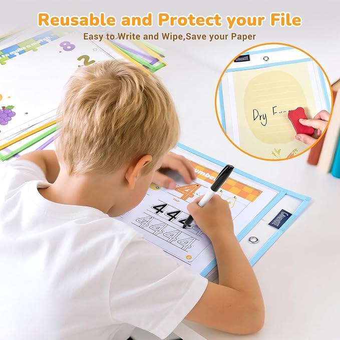 GAMENOTE 30 Pack Pastel Dry Erase Pockets, 10x14 Reusable Sleeves | 30 reusable PVC pockets hold 8.5 x 11 and 9 x 12 sheets; double sided wipe clean surfaces, pen loops, eyelets, and 5 rings - Image 3