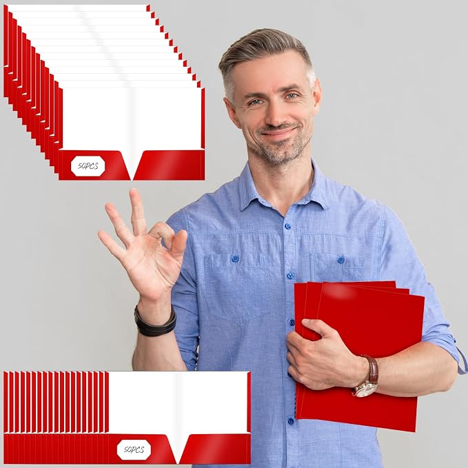 Jutom 50 Pcs 2 Pocket Glossy Paper Folders Glossy Paper Laminated Portfolios, Letter Size, Presentation Folders with Pockets for Office Teacher Worker Supplies(Red Color) - Image 4