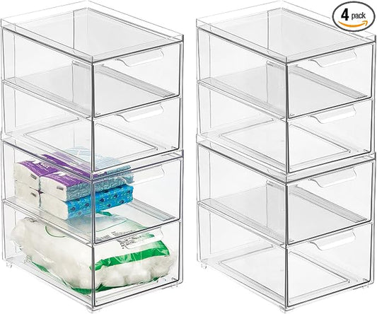 mDesign Stackable Storage Containers Box with 2 Pull-Out Drawers - Stacking Plastic Drawer Bins for Master or Guest Bathroom, Linen Closet, Vanity, Makeup Table Lumiere Collection 4 Pack, Clear by mDesign