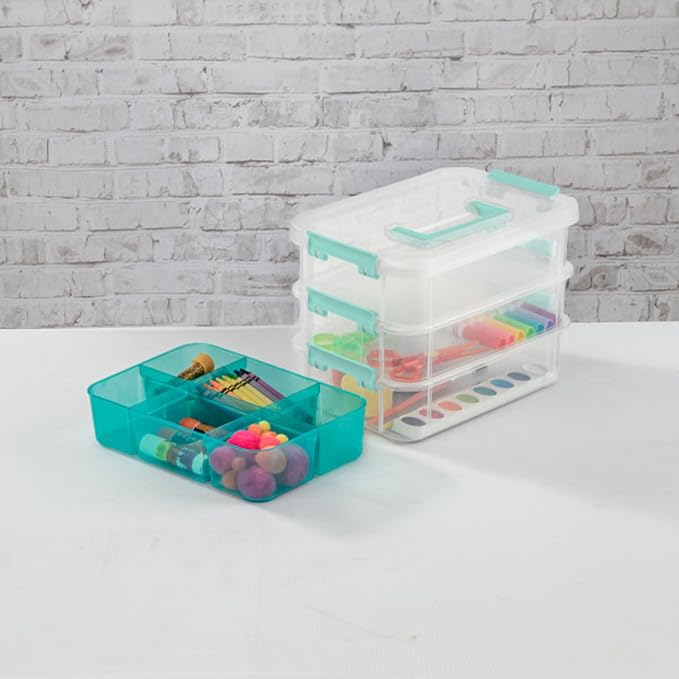 Sterilite 18 Pack Plastic Storage Box Container, 3 Layer, Stack and Carry, Clear/Blue - Image 7