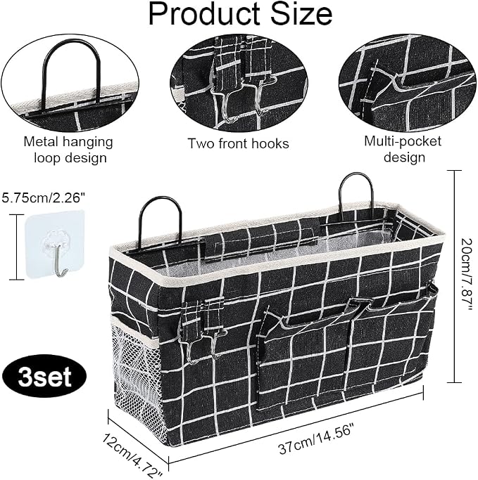 WADORN 3 Sets Wall Hanging Storage Bag, Multifunctional Door Closet Hanging Storage Basket with 6 Sticky Hooks Dorm Room Bedside Caddy Organizer for Bedroom Kitchen Bathroom, Black - Image 2
