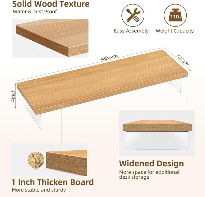 Dual Monitor Stand Riser, 40x10 in Wood & Acrylic Desktop Organizer Shelf | Computer Monitor Stand Riser With Wood & Acrylic Design; Fits 2 Monitors, Laptop, Printer And Desk Supplies For Office Use. - Image 3