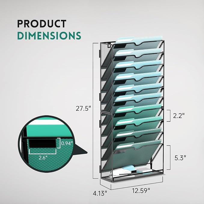 11-Tier Wall File Organizer, Hanging File Holder, Wall Mounted Mail Sorter | Metal Mesh Hanging File Organizer with Open Compartments and Label Panels for Papers and Folders at Home, Office or School - Image 3