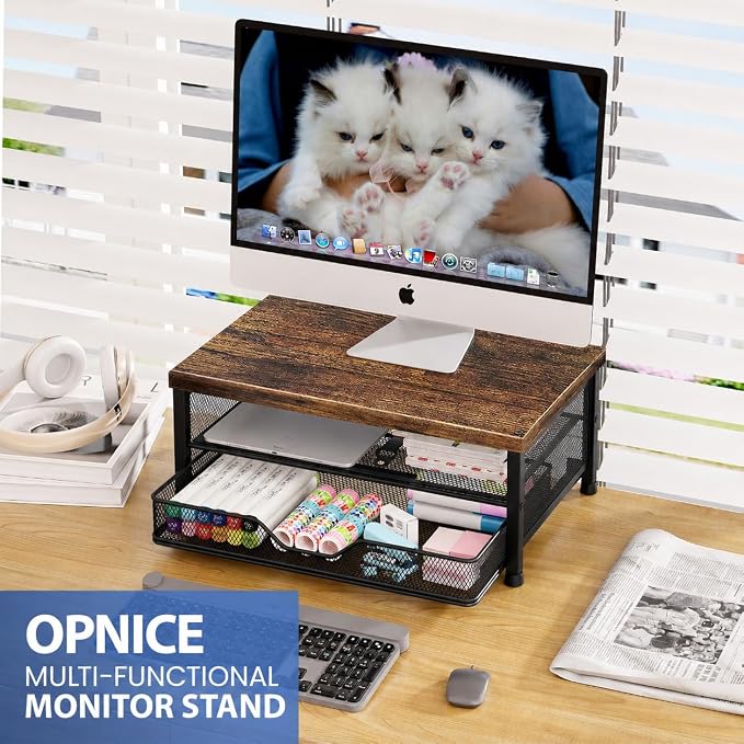 Computer Monitor Stand Riser, Desk Organizer with Drawer, Printer & Laptop Stand, Office Desk Accessories & Workspace Desktop Organizers Storage for Office Supplies(Brown) - Image 2