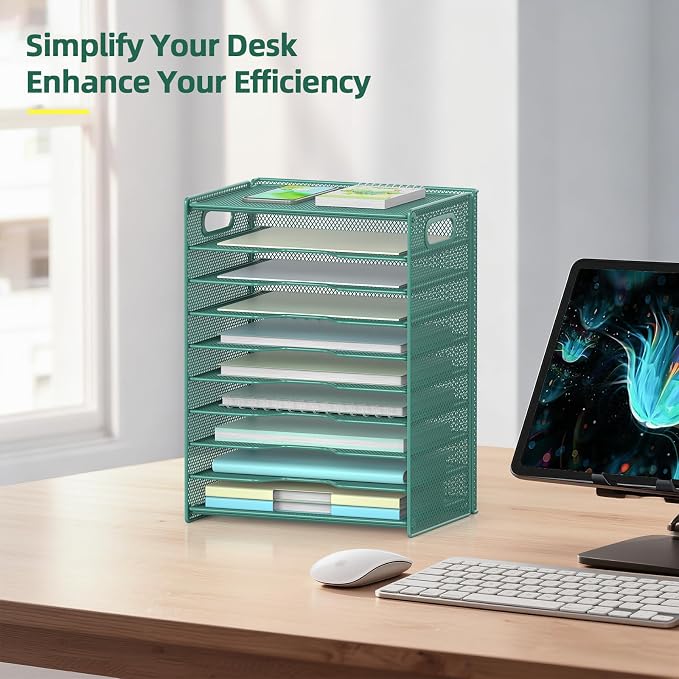 OUTWOLF 10 Tier Paper Organizer - Letter Tray Mesh Desk File Organizer with Handles for Office School Desktop, Green - Image 6