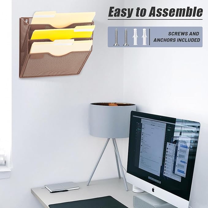 3 Pocket Mesh Hanging Wall File Organizer, Wall Mounted Mail Paper Document Folder Holder, Clipboard Storage Organization Magazine Rack with Nametag Label for Office Home School, Brown - Image 6