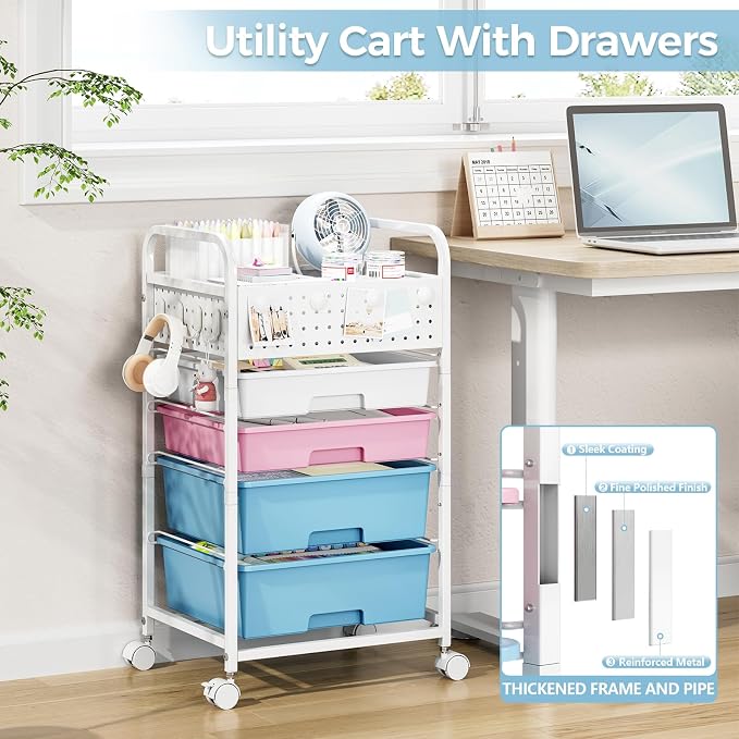4 Drawer Rolling Storage Cart with Pegboard Top and Hooks, Pink&Blue | Mobile Organizer Cart with Wheels for Office Supplies, Craft Storage, Classroom Organization, Home Utility Cart - Image 6