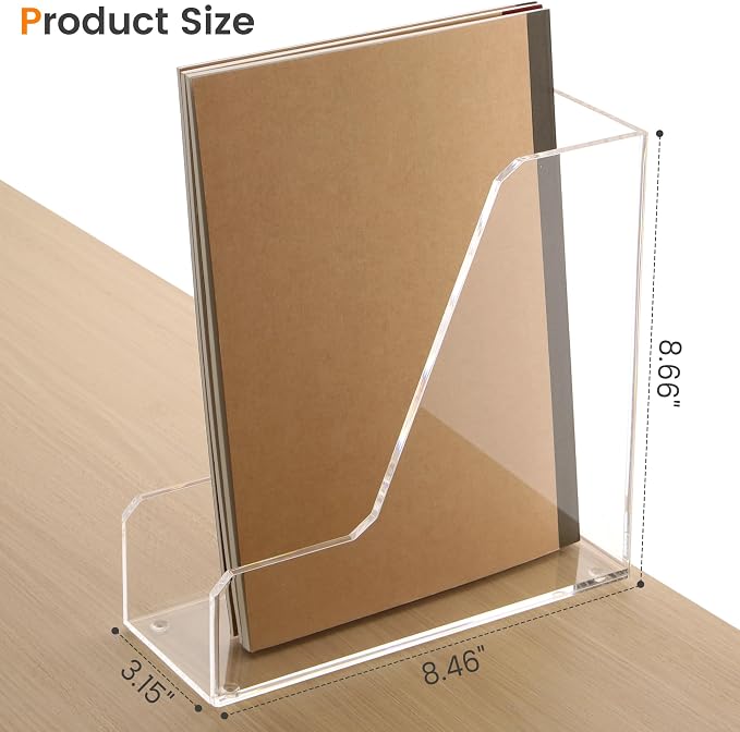 HeZone Acrylic Magazine Rack File Holder Desk Organizers and Storage 2-Pack Small Clear Acrylic Vertical Magazine Holder Book Stand for Office Desk - Image 3