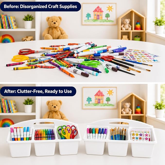 6 Pack Assorted Colors 6 Compartment Classroom Caddy with Handle Portable Plastic Storage Classroom Caddies Organizer for Classrooms Supply Teacher Office Table Desk(White) - Image 4