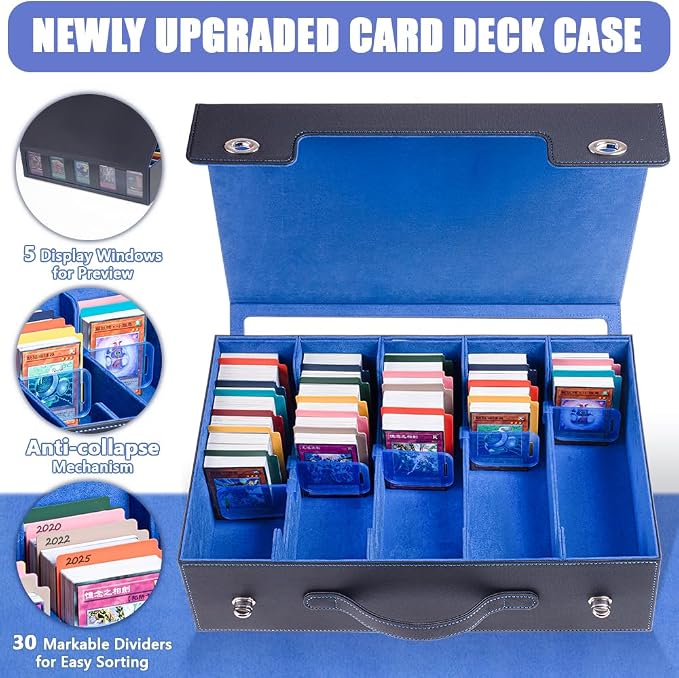 5-Row 3900+ Trading Card Storage Box for MTG, Card Deck Box with Snap-fit Design, 5 Card Sleeves, 10 Stoppers, 80 Dividers and 1 Dice Tray (Black-Blue) - Image 4