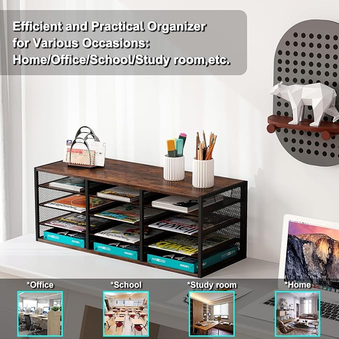 Mail Sorter Adjustable Holder, Countertop Literature Organizer, Student Mailbox for Classroom, Desktop Bill Paper Organizer for Office Home School, 12 Compartments, Brown - Image 6