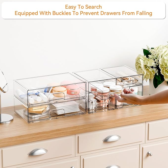 Clear Stackable Storage Drawers - Set of 6 - Acrylic Drawers,Bathroom Organizer Bin and Plastic Makeup Organizer,Clear Stacking Brightroom Storage Boxes for Vanity,Cabinet,Pantry Organization - Image 4