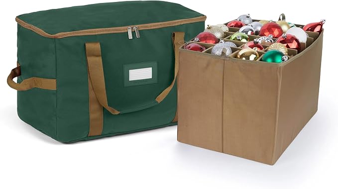 Covermates Keepsakes Adjustable Ornament Storage Bag – Heavy-Duty Polyester, Padded Dividers & FlexGrid Trays – Protective Holiday Ornament Organizer with Handles & Label Window, Green by Covermates