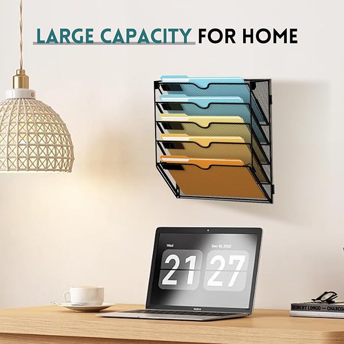 5 Tier Wall File Organizer, Hanging Wall Mounted Mail Organizer with Label Slots, Metal Mesh File Holder Magazine Rack for Office, Home, School or Classroom, Black - Image 7