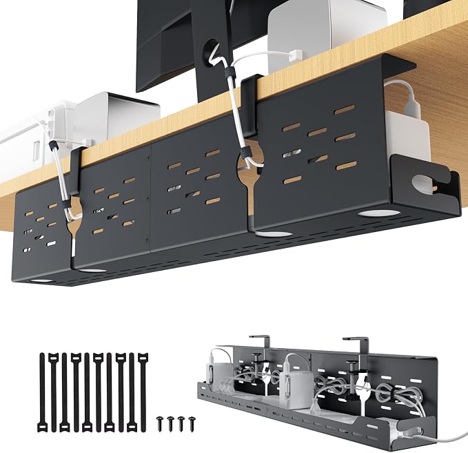 Univivi Under Desk Cable Management Tray, Cable Management, 32 inch, Black | Durable Steel Material, Under Desk Cable Tray with No-Drill C-Clamp and Screw Mount, Wire Management for Office/Home by Univivi