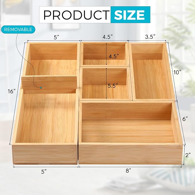 Fabsome Bathroom Drawer Organizer, Bamboo Box Bin for Junk Vanity Desk Makeup Drawer, Small Wooden Container Tea Storage Organization Tray for Kitchen Office, Set of 5 - Image 2