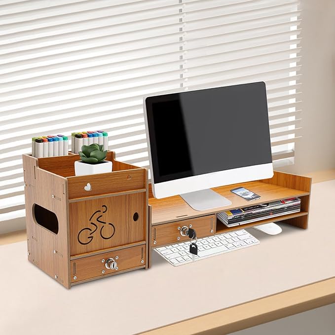 Desktop Monitor Stand, Computer Monitor Stand for Desk, Monitor Riser with Drawer, Desk Monitor Stand Underneath Storage for Office (Cherry Wood Color) - Image 8