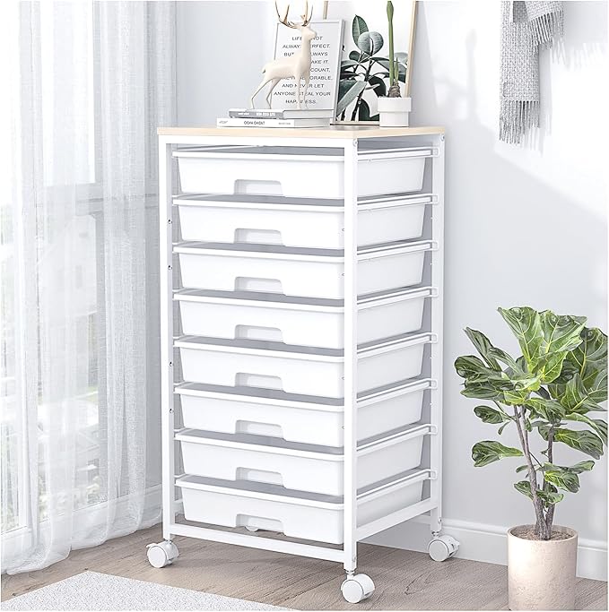 SYKIARIOL Rolling Storage Cart with Drawers, 8 Drawers Utility Cart,White | Rolling Drawer Cart with Wooden Tabletop,Storage Drawer Cart for Living Room,Classroom,Bedroom,Dorm,Office by SYKIARIOL