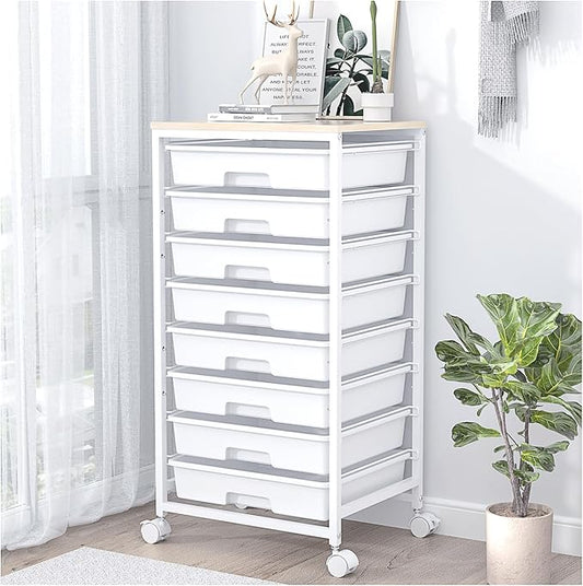 SYKIARIOL Rolling Storage Cart with Drawers, 8 Drawers Utility Cart,White | Rolling Drawer Cart with Wooden Tabletop,Storage Drawer Cart for Living Room,Classroom,Bedroom,Dorm,Office by SYKIARIOL