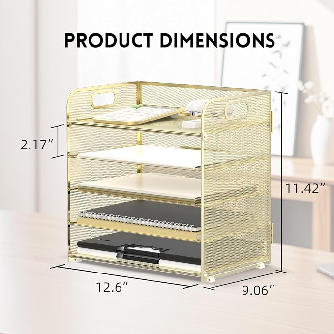 5 Trays Paper Organizer Letter Tray with Handle-Mesh Desk File Organizer, Paper Sorter Desk Organizer for Office, Home or School (Golden) - Image 5