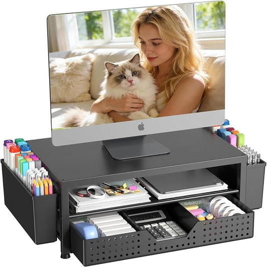 Desk Organizers and Accessories, Computer Monitor Stand Riser with Drawer and 2 Pen Holders, Printer & Laptop Stand, Office Desk Accessories & Workspace Organizers for Home Office Supplies, Black by OPNICE