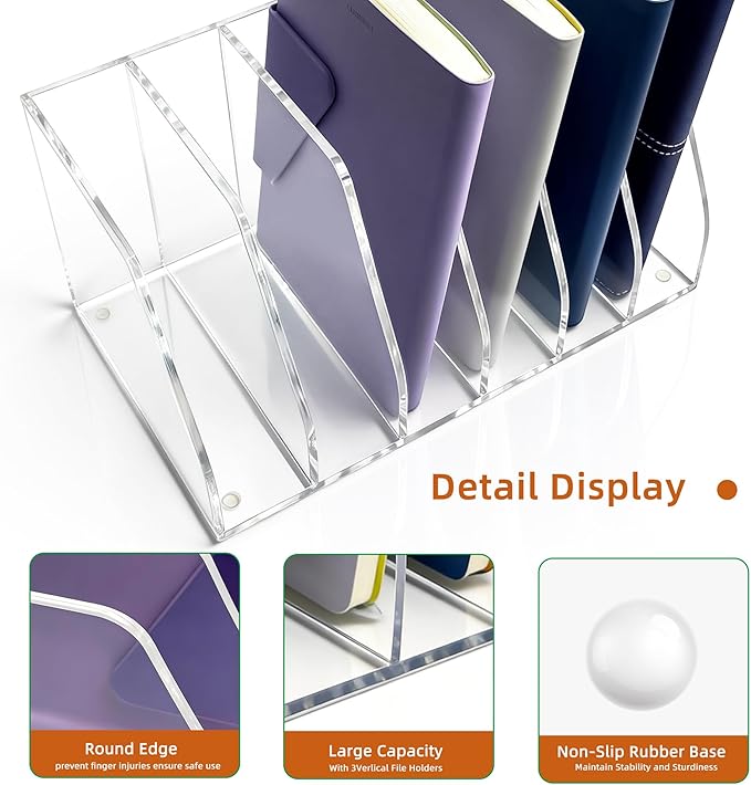 Clear Acrylic Magazine File Holder, 6 Compartment Desk Organizer | 6 spacious vertical compartments hold magazines, files, books & more. 5mm thick clear acrylic, non-slip base. No assembly. - Image 3