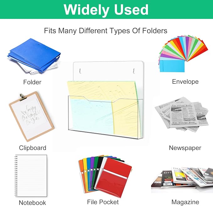 Magnetic Wall File Organizer - Clear Acrylic Hanging File Holder, Wall Mount Folder Mail Document Magazine Holder for Office, Fridge, Whiteboard, 2Pack - Image 7