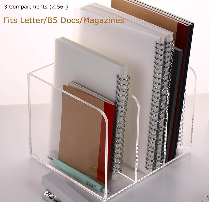 YUXUN Acrylic Desk File Organizer - 3 Section Vertical File Folder Rack, Clear Desktop Sorter for Home/Office/Classroom, Holds Magazines, Binders, Notebooks, Envelopes & Documents - Image 8