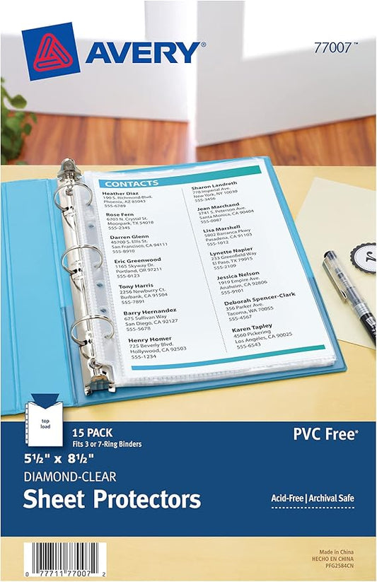 Avery® Diamond Clear Heavyweight Sheet Protectors for Mini Binders, Holds 8.5" x 5.5" Sheets, 15ct (77007) by Avery
