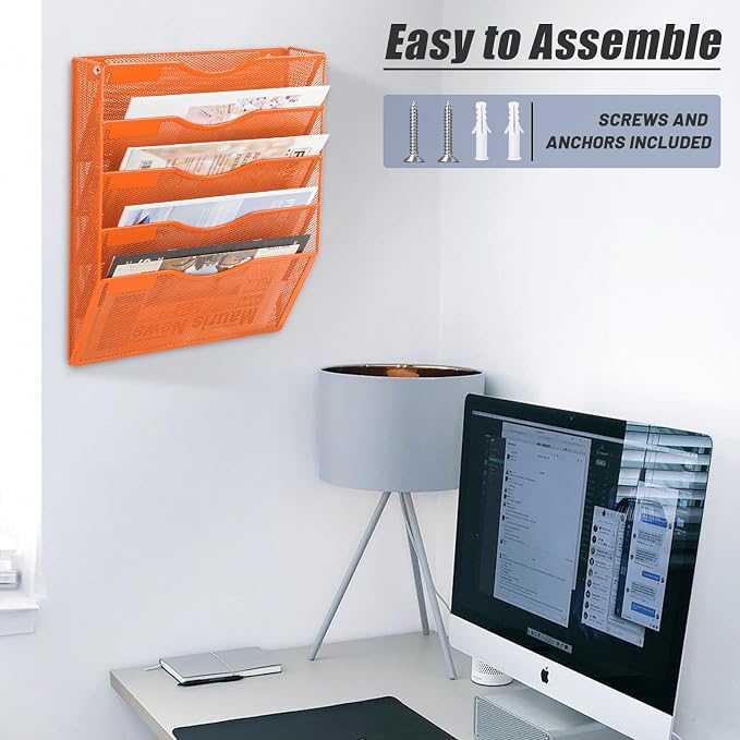 5 Pocket Mesh Hanging Wall File Organizer, Wall Mounted Mail Paper Document Folder Holder, Clipboard Storage Organization Magazine Rack with Nametag Label for Office Home School, Orange - Image 5