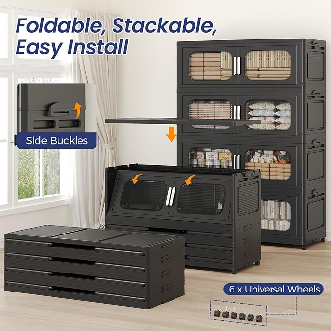 150Gal Exra Large Stackable Storage Bins with Lid, 600QT Collapsible Storage Box with 6x Wheels, Folding Plastic Cabinet Container with Door Drawer for Home Kitchen Office Dorm, 3Pack Black - Image 5