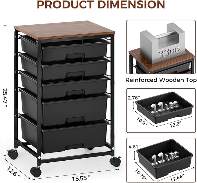 SYKIARIOL 5-Tier Rolling Cart with Drawers with Wooden Top, Black | Mobile Craft Storage Drawer Cart Trolley for Home Office, Classroom, Craft Room & Kid Room - Image 3