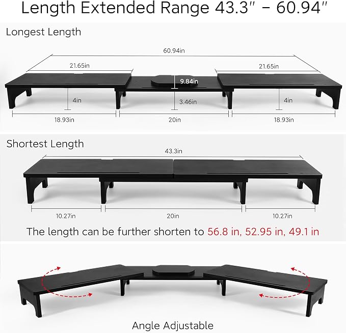 Nnewvante Bamboo Monitor Stand Riser, 60 inch Upgrade Height Large TV Riser | Black, Adjustable Length Angle, Dual Monitor Stand for Desk, 3 Shelves Desktop Screen Riser, For Computer Laptop - Image 6