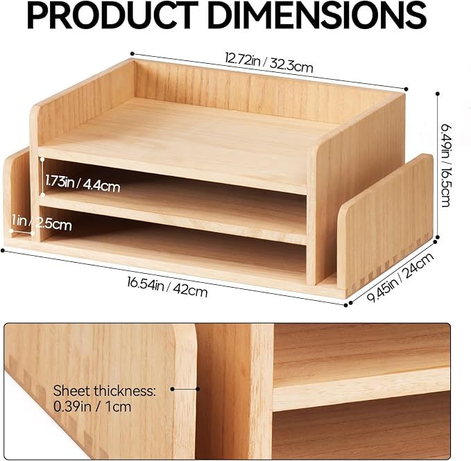 KIRIGEN Wood Desk Organizer, 5-Tray Letter Tray and Mail Sorter Natural 2TP | Solid Wood 3-Tier Desktop Organizer with 5 Storage Areas for Mail, Folders, Letter Paper and Office Supplies, Fully Assembled - Image 6