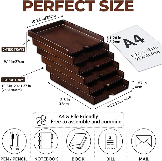 Solid Wood Letter Tray, 6-Tier Pull-Out Paper File & Desk Organizer, Walnut | Stackable Wooden Paper Organizer for A4, Mail & Folders, 5-in-1 Desktop Storage with Tablet Phone Stand for Home Office - Image 3