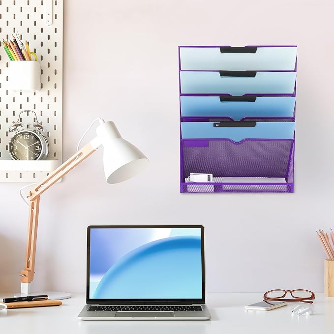 6 Tier Mesh Hanging Wall File Organizer, Desk Vertical Mail Paper Document Folder Holder Rack with Bottom Tray and Nametag Label for Office Home School, Purple - Image 6