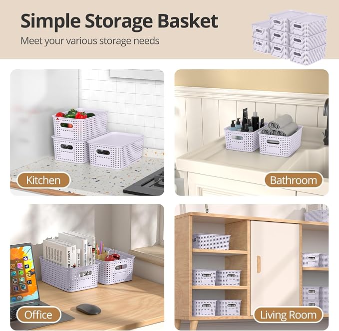 Plastic Storage Basket with Lid, Stackable Small Box Bins for Organizing and Containers for Shelves Drawers Desktop Closet Playroom Pantry Classroom Office Home, 8 Pack 10.2"x7.2"x4.1" Lavender - Image 4