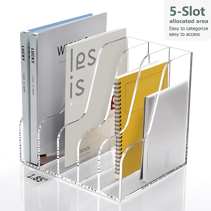 SANRUI Acrylic Desk Organizers, Clear Magazine File Holder, 5 Vertical Compartments A4 Folder Binder Holders Sorter, Office Desktop Workspace Organization Storage Rack for Office Home School - Image 5