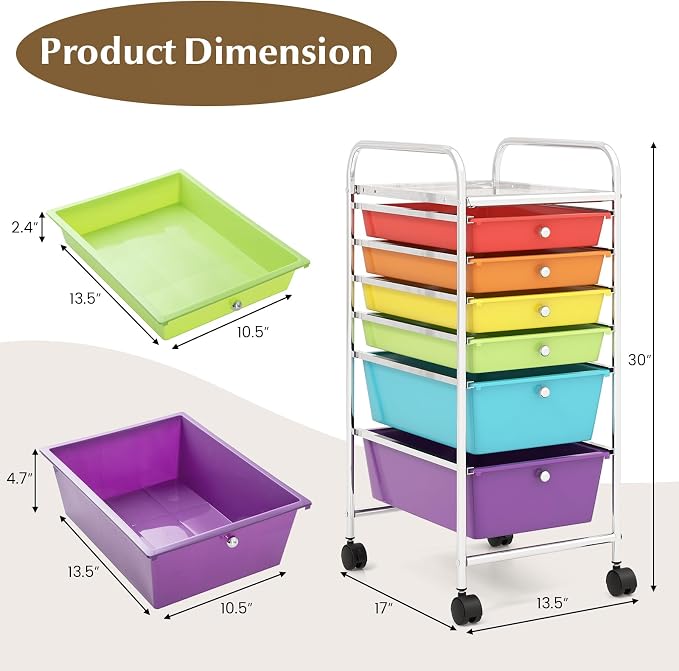COSTWAY 6-Drawer Rolling Storage Cart, Art Craft Tools Organizer on Wheels | Multifunctional Heavy Duty Utility Mobile Storage Trolley w/ 2 Lockable Wheels for Home Office School (Multi-color) - Image 3