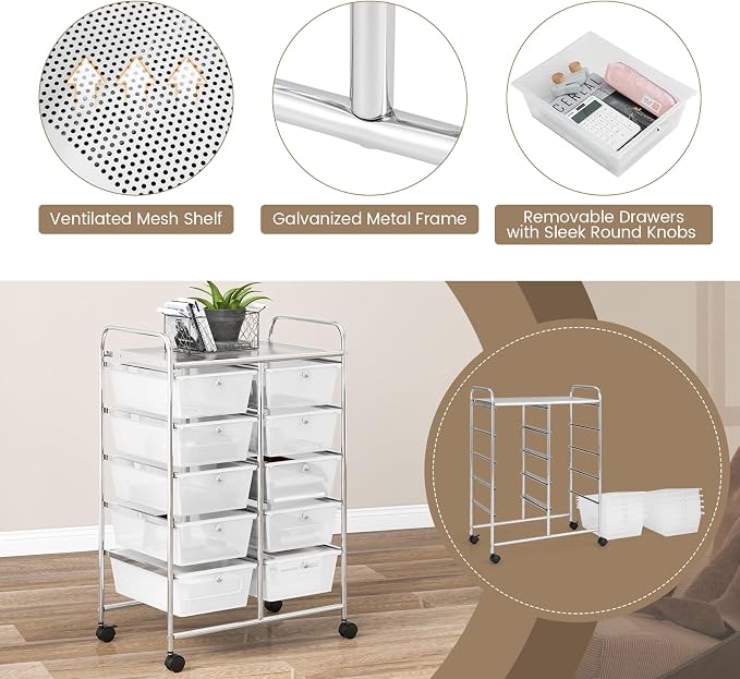 COSTWAY 10 Drawer Rolling Storage Cart, Utility Cart with Lockable Wheels | Mobile Art Supply Craft Organizer with Metal Frame, Multipurpose Drawer Cart for Paper for Office, School, Transparent - Image 6