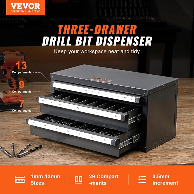 VEVOR Drill Bit Organizer - Three-Drawer Steel Cabinet for 1mm to 13mm, Labels, Stackable - Image 4