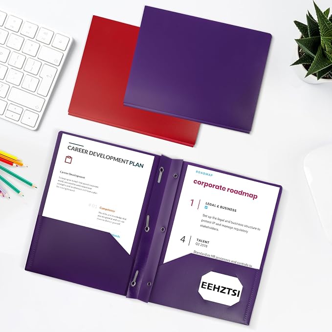 12-Pack Plastic Folders with Pockets and Prongs, 2-Pocket Poly Folders with 3 Fasteners Holds 8-1/2" x 11" Paper for School/Office/Home, Purple - Image 7