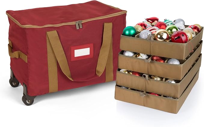 Covermates Keepsakes Rolling Adjustable Ornament Storage Bag – Heavy-Duty Polyester, FlexGrid Trays & Padded Dividers – Protective Holiday Organizer with Wheels, Handles & ID Window, Red by Covermates