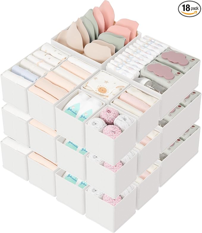 Drawer Organizers 18-Piece Set, Dresser Organizer for Baby Clothes, Foldable Closet Storage & Drawer Dividers for Underwear, Socks, Nursery, White by Criusia